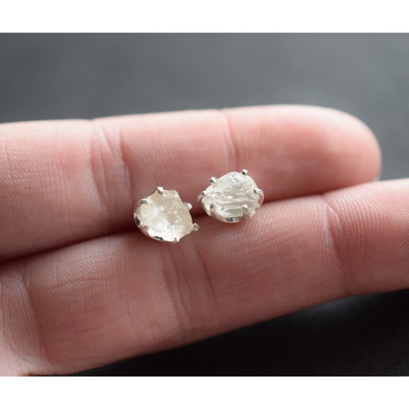 Sterling silver stud earrings, alternative diamond, uncut natural gemsto… - Picture 4 of 4